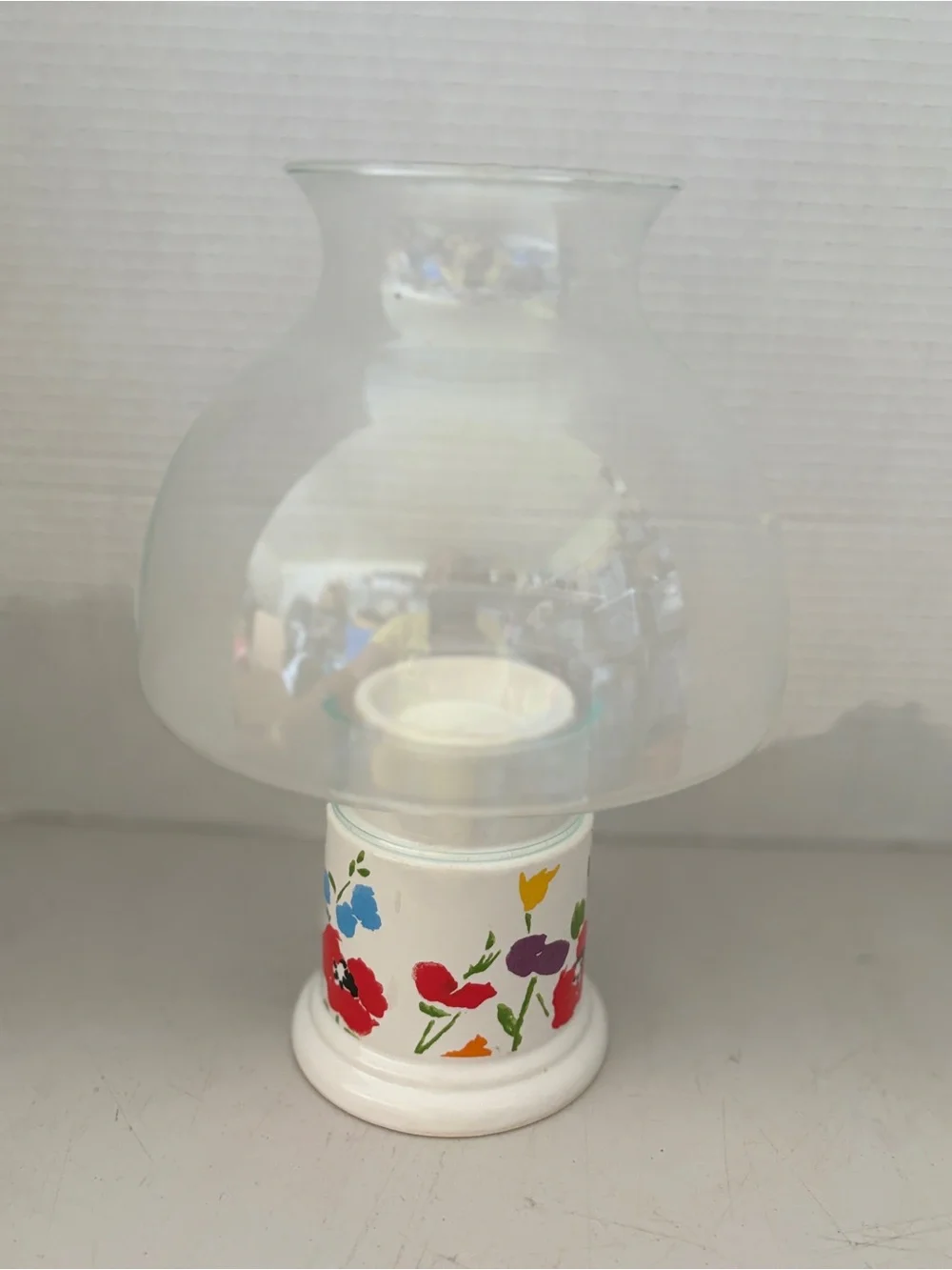 Hand-Painted Floral Ceramic Lantern with Clear Glass Shade - White